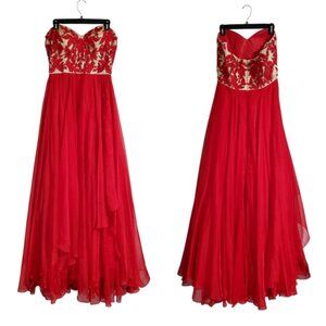 Sherri Hill Strapless Chiffon Layered Event Prom Red Party Gown - Size 12